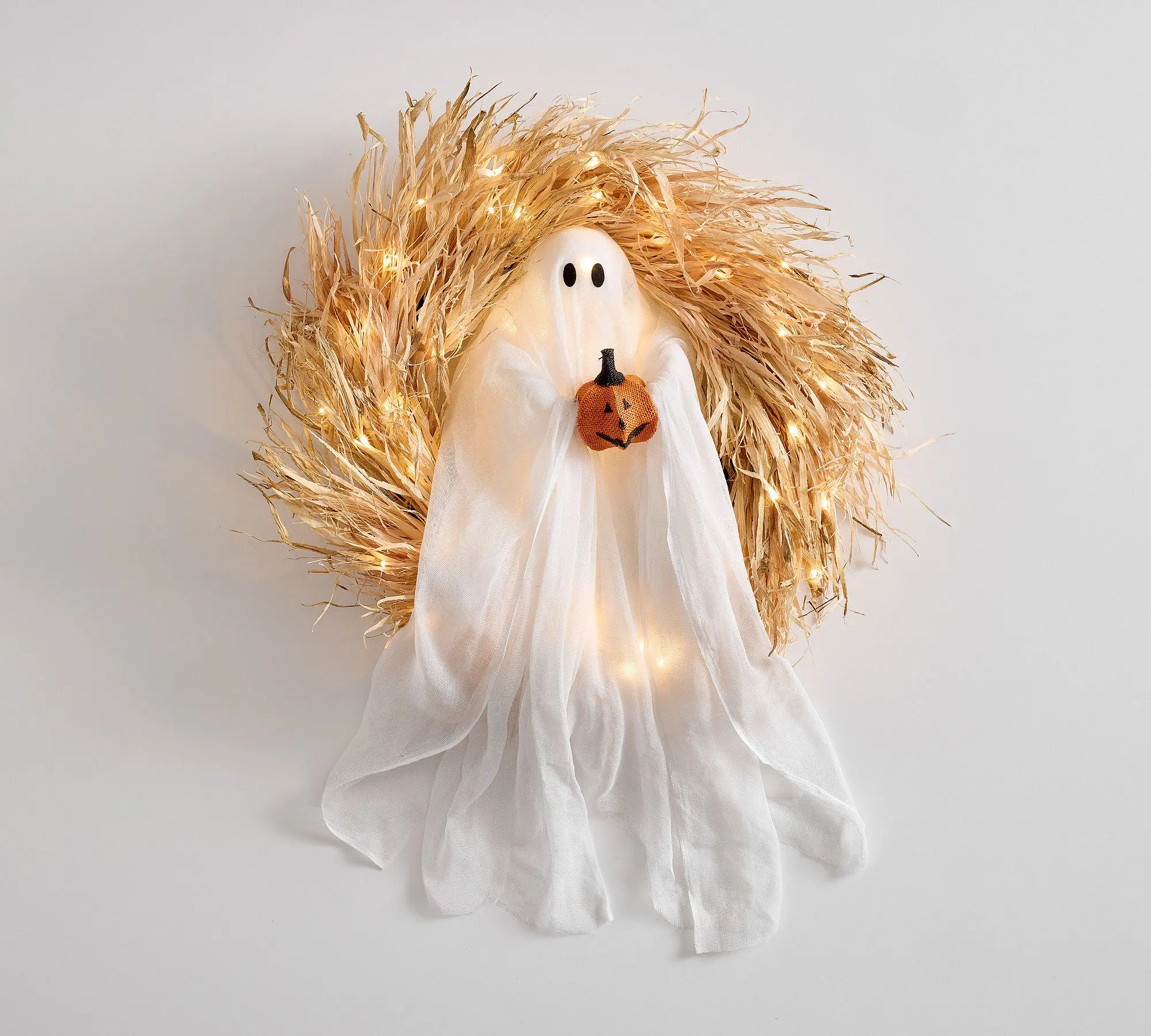 Pottery Barn Mr. Gus the Ghost Halloween Wreath, Cute White Ghost Hanging Decor, Indoor-Outdoor Front Door Halloween Decor, Halloween Decorations