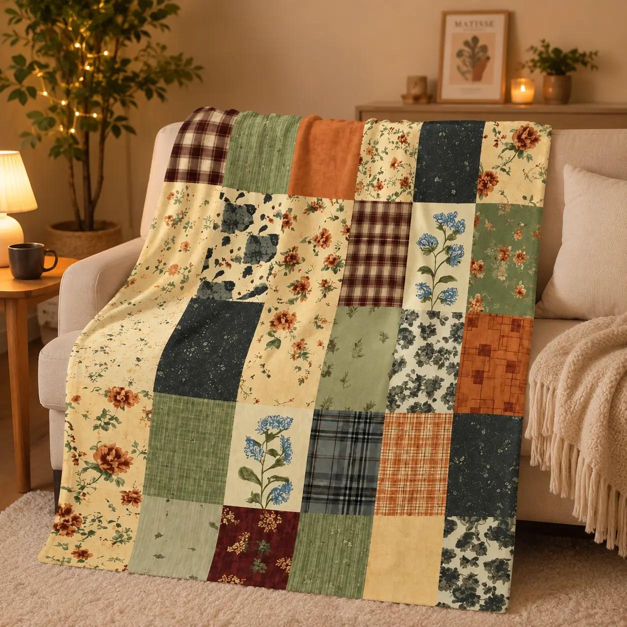 Cottagecore Vintage Spliced Floral Check Quilted Blanket Retro Patchwork Flower Plaid Print Soft Reversible Bed Throw All Season Home Decor Blanket For Adults