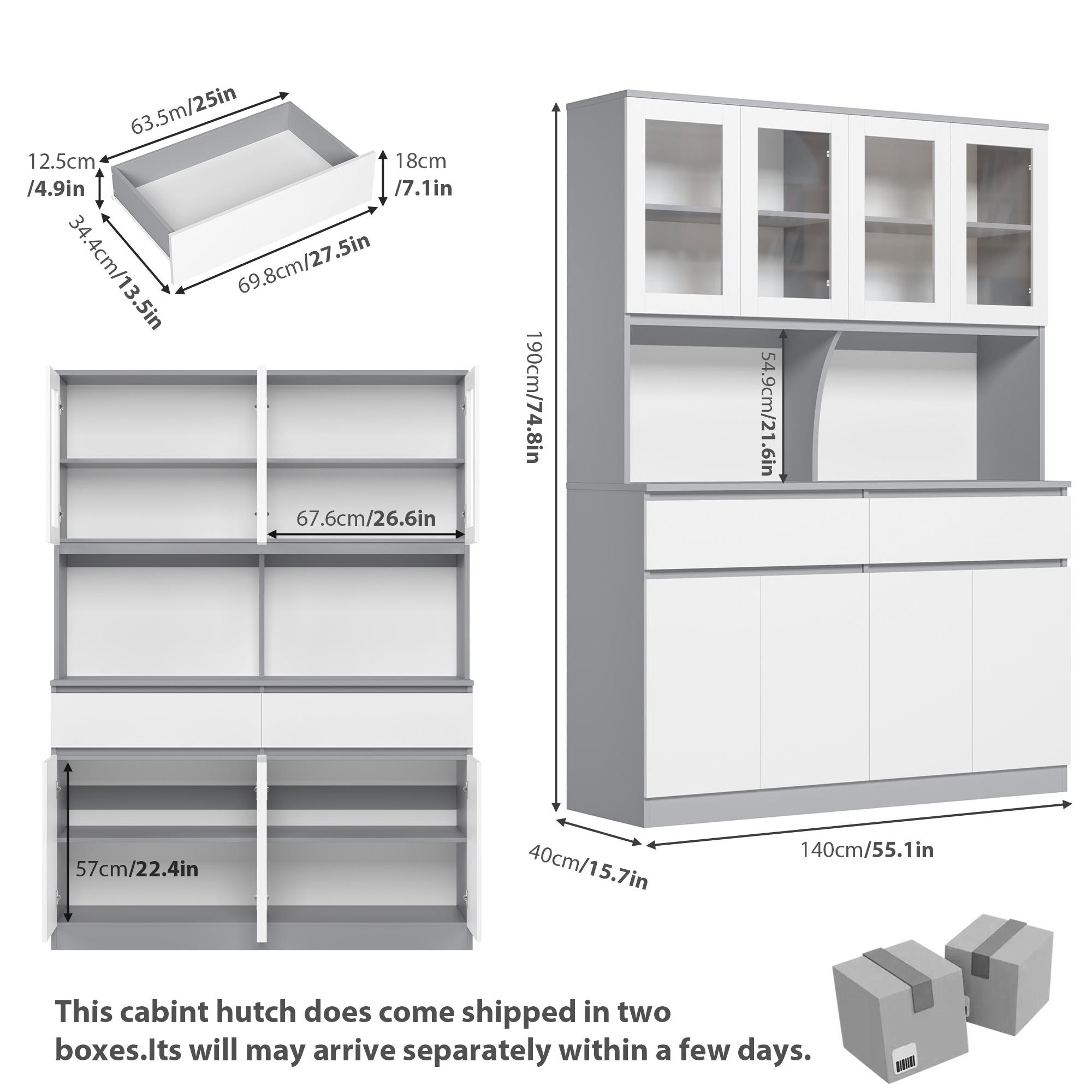 FOTOSOK  74.8" Tall Pantry Cabinet, 55.1" Wide Kitchen Pantry Cabinet  with 2 Drawers, Kitchen Hutch with Microwave Stand, Tall Storage Cabinet for Living Room, White