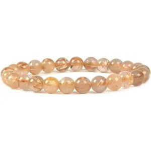 Natural Golden Rutilated Quartz Gemstone 8mm Round Beads Stretch Bracelet 7" Unisex