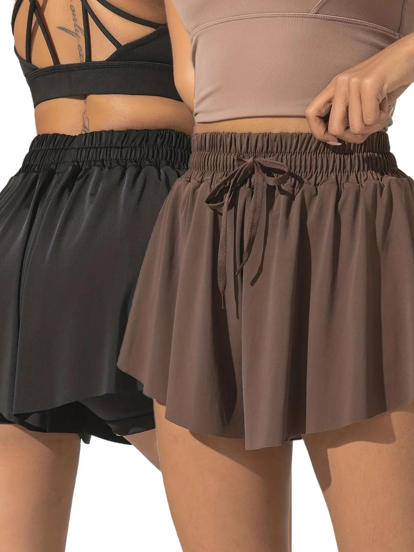 Women's Solid 2 in 1 Drawstring High Waist Sports Skort, Sporty Tie Front Skorts, Ladies Sportswear for Tennis Pickleball Yoga Gym Workout for Women,