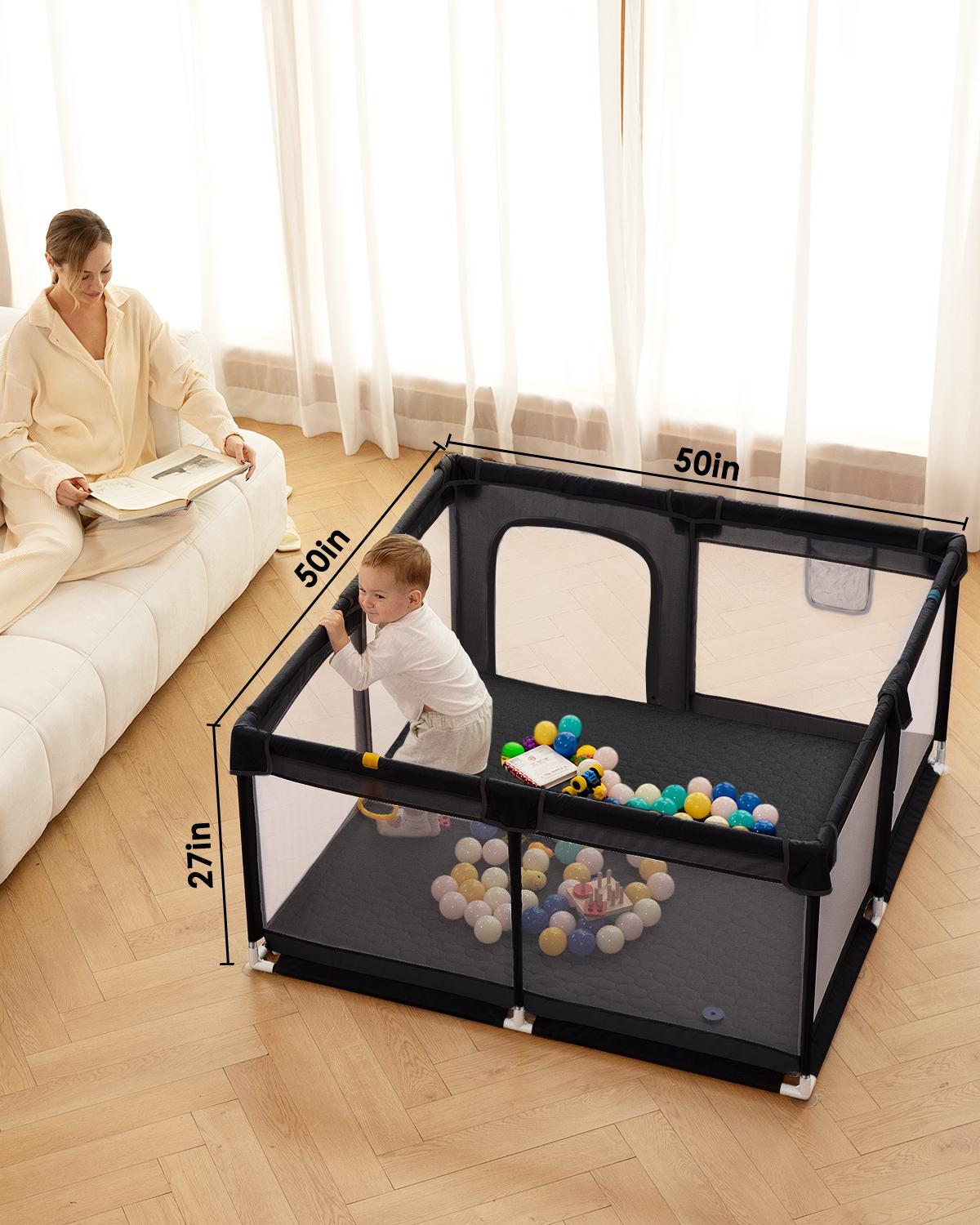 dearlomum 50" x 50"/ 71" x 59"Extra Large Baby Playpen for Babies and Toddlers, Safe Activity Center with Soft Play Fence, Indoor Safety Yard, Easy to Assemble and Clean，Noneremovable waterproof thick mat (Black/Gray)