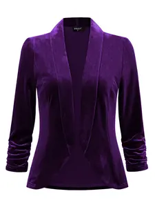 INSPIRE CHIC Velvet Jackets Shawl Collar 3/4 Sleeve Open Front Cardigan