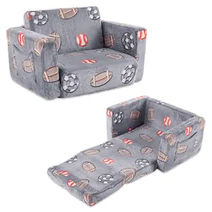 Kids Foldable Sofa Bed with Night Glow – 2-in-1 Convertible Children’s Lounge Chair, Soft Flannel Fabric, High Resilience Sponge, Removable Cover, Safe Round Edge Design – Gray Blue Sports Ball Pattern