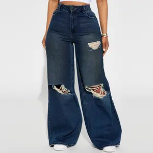 2025 Autumn and Winter Women's Wide Leg Jeans Pocket Straight Ripped Denim Trousers