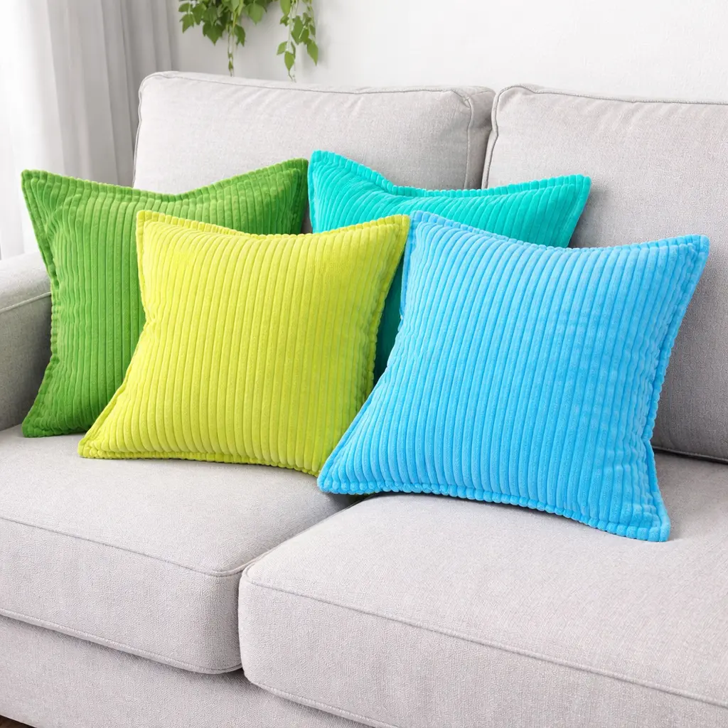 FSJfam Set of 4 Industrial Decorative Corduroy Cushion Covers - Striped, Flanged Edge, Hidden Zipper, Machine-Washable Square Pillow Shells (16x16 in, 18x18 in, 20x20 in) for Living Space Refresh, Couch