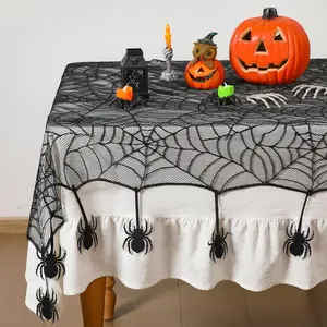Halloween Table Runner Black Lace Spider Web Table Cloth, Spooky Gothic Halloween Decor for Dinner Party, Reusable Table Cover for Halloween Christmas Thanksgiving Home Kitchen Dining Room Decor