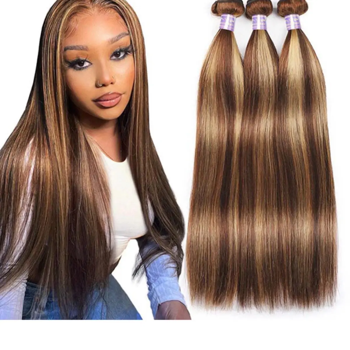 Brown And Blonde Highlight Bundles Bone Straight Human Hair Bundles P4/27 Ombre Bundles Remy Brazilian Hair Weave Bundles