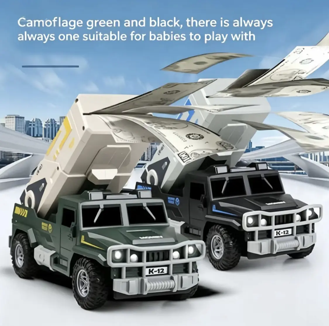 2.4G Remote Control Armored Truck Toy - 2-in-1 RC Money Blaster Vehicle with Handheld Money Gun, LED Lights, Music, Rechargeable Battery, Ideal Gift for Boys 7+
