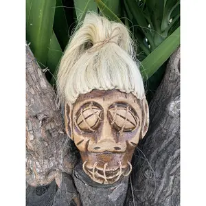 Shrunken Head Voodoo Wooden Wall Plaque Tropical Tiki Decor 12"x 6.5"