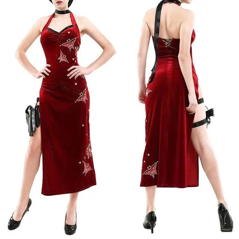 Women's Ada Wong Cosplay Costume Embroidered Cheongsam Style Red Dress Women Halloween Cosplay Outfit Suit For Adult Women Girls