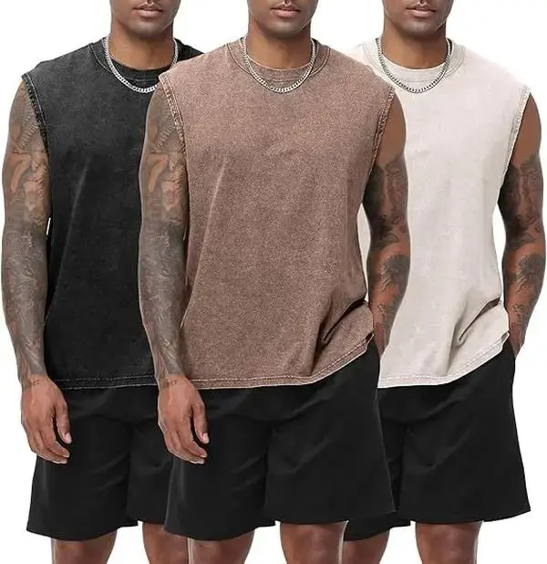 Men's Cotton Sleeveless Muscle Tank Tops Vintage Acid Wash Cutoff Loose Workout Tee Shirts Running Men Women Cotton Workout Tank Tops Sleeveless Acid Wash Tshirts Cut Off Muscle Shirts Sweat Classic Jacket Natural Natural Round Neck