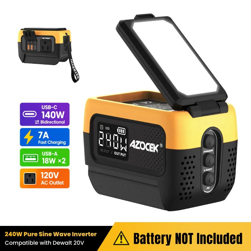 AZOCEK 240W Pure Sine Wave Power Inverter Compatible with DeWalt 20V Battery, 140W PD 3.1 USB-C Ultra Fast Charger & 7A Rapid Battery Recharging Hub, 120V AC Portable Power Station with 600LM LED (Battery Not Included)