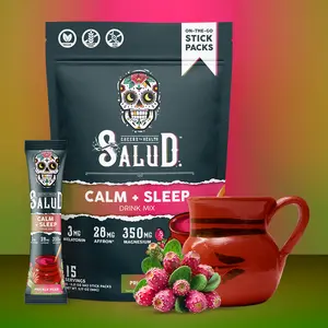 Salud 2-in-1 Sleep Aid + Calm Drink Mix, Prickly Pear Flavor, Melatonin, Magnesium, Saffron Extract, L-Theanine, Non-GMO, Gluten Free, Vegan, Low Calorie, 1g of Sugar (15 Servings)