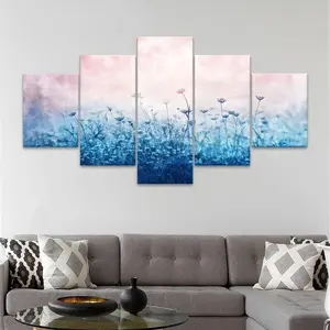 5 Counts Unframed Canvas Poster, Blue Flowers Meadow Landscape Poster, Exquisite Poster, Perfect Living Room Decoration, Modern Home Decoration, Modern Art, Fashion Family Poster, Wall Art Decoration, Odorless, Waterproof, Artwork