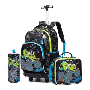 Monster Truck Rolling Backpack for Boys 3Pcs Set, Heavy Duty Integrated Wheeled School Bag with Lunch Box and Pencil Case, Cool Green Racing Trolley Bookbag for Kids holiday birthday gift suitcases travel portable outdoor fun