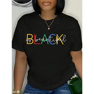 Womens Black Cotton Graphic Tee Beautiful Black Letter Print Short Sleeve Crewneck Casual Streetwear Top For Everyday Wear Summer Outfit Gifts For Her