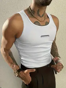 Men's ribbed knitted round neck vest with metal strip label pattern screen printed, slim fitting to shape muscle contours, ideal for gym workouts, daily wear, and Casual, durable and bold printed for fitness and streetwear enthusiasts
