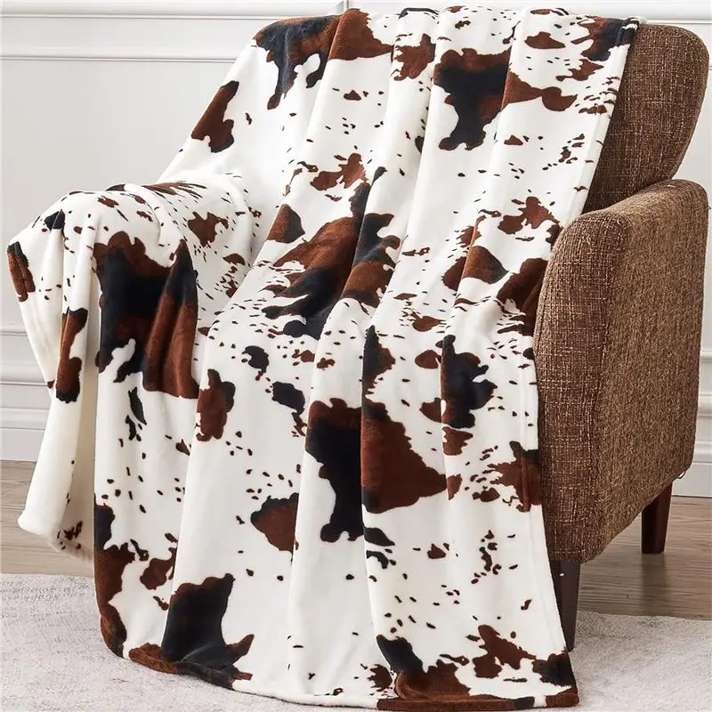 Cow Print Blanket 50"x60" Soft Flannel Throw for Couch Bed & Travel Cozy Western Decor in White Brown Animals