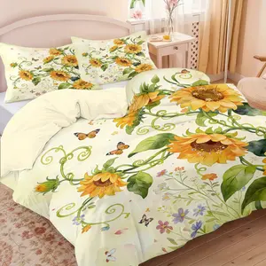3-piece bedding set, Decorative bedding set (1 duvet cover + 2 pillowcases, no filling) - Fresh and pastoral style sunflower and butterfly print, 100% polyester fiber, for room decor, suitable for all seasons, and makes a great gift