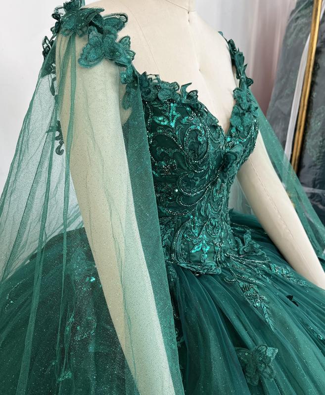 NO.41 Flowers and Metallic Lace Sparkle Tulle Quinceañera Dress With a cape bodycon party plain mature blue dress quince sequin dress Formal Womenswear party maxi Wedding Ceremony