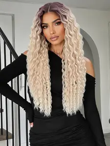 28 Inch Long Wavy Rooted Color Synthetic Wigs for Women, Gorgeous Fluffy Wigs with Baby Hair  Bangs, Synthetic Lace Front Wigs for Party, Daily Use, Curly Wig, Loose Wave Wigs