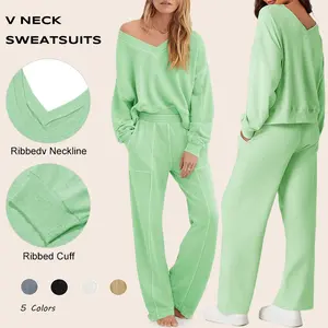 Imily Bela Womens 2 Piece Outfit Lounge Set V Neck Sweatshirt High Waist Pants With Pockets Casual Loose Tracksuits