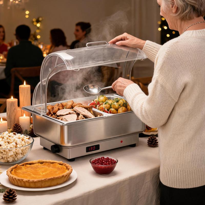 Garvee 9QT Electric Chafing Dish Set 2-in-1 Stainless Steel Buffet Warmer with Adjustable Thermostat Portable Food Warmer for Catering Banquets Parties Multifunctional Durable All Purpose Grilling Indoor Grill Buffet Server Universal Griddle