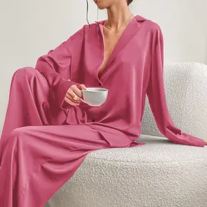 Silky Satin Lapel Long Sleeve Pajama Set, Loose Wide-Leg Pants Homewear Two-Piece Set, Autumn Winter Light Luxury Comfortable Women's Set