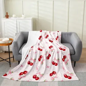 Bowknot Cherry Fleece Throw Blanket Baby Kids Cherry Pattern Flannel Blanket Plush Fuzzy for Sofa Couch Boys Girls Teens Cute Fruit Baby Pink All Season
