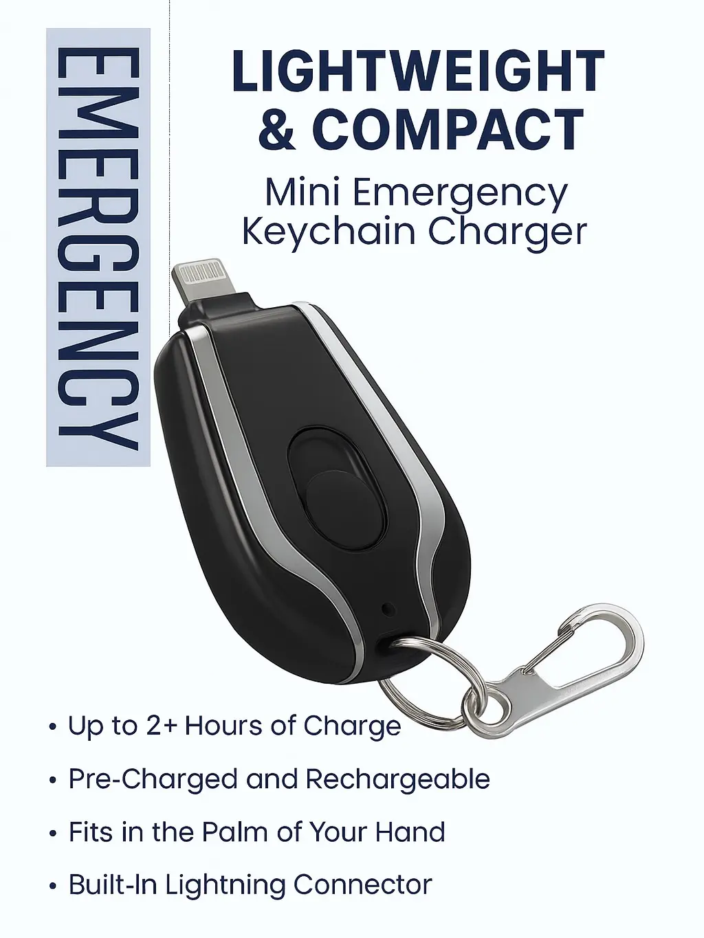 Mini Emergency Power Pod Keychain Portable Charger 1200mAh with 2 Built-in Connectors for iPhone Android & AirPods Ultra-light Ultra-small Design Smart LED Indicator Lights Compact Power Solution