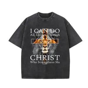 Vintage Washed Black Unisex T-Shirt – Lion & Cross Faith Graphic, Oversized Fit for Outdoor Streetwear & Christian Aesthetic