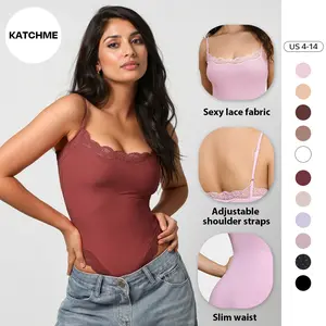 KatchMe Lace Series Women's Spaghetti Strap Lace Trim Breathable Bodysuit, Slim-Fitting Playsuit, Seamless Sexy Nightdress, Chic Two-Piece Set