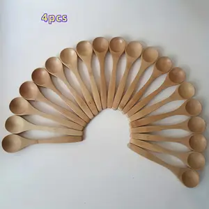 Wooden Long Handle Spoons Set of 4, Mini Wooden Spoon Small Soup Spoon Condiment Spoon, Honey Tea Sugar Scoop for Oil Coffee Tea, Kitchenware