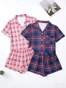 Women's Plaid Print Shirt and Elastic Waist Shorts Pajama Set, Casual Comfortable Sleepwear, Loungewear, Homewear, Short Sleeve Top and Shorts Set, Pjs