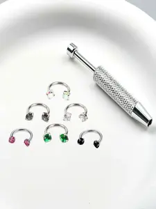 6pcs Stainless Steel 1.2mm 8mm Hoof Nose Ring with Internal Thread Gemstone, Free Ball Stand and Guide Pin Included