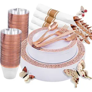 350 PCS Rose Gold Disposable Dinnerware Set for 50 Guests, Disposable Rose Gold Lace Plates, Include:50 Dinner Plate, 50 Dessert Plates, 50 Pre Rolled Napkins with Silverware and 50 Cups