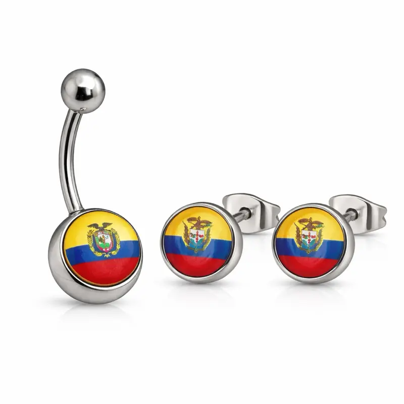 Ecuador Flag Combo - Stainless Steel Belly Button Ring & Silver Earrings Set with Flag Design