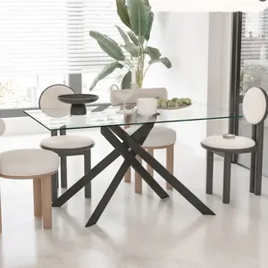 Rectangular Transparent Tempered Glass Dining Table - Modern Design with Black Metal Legs, Shatter-Resistant Surface for Kitchen & Dining Room