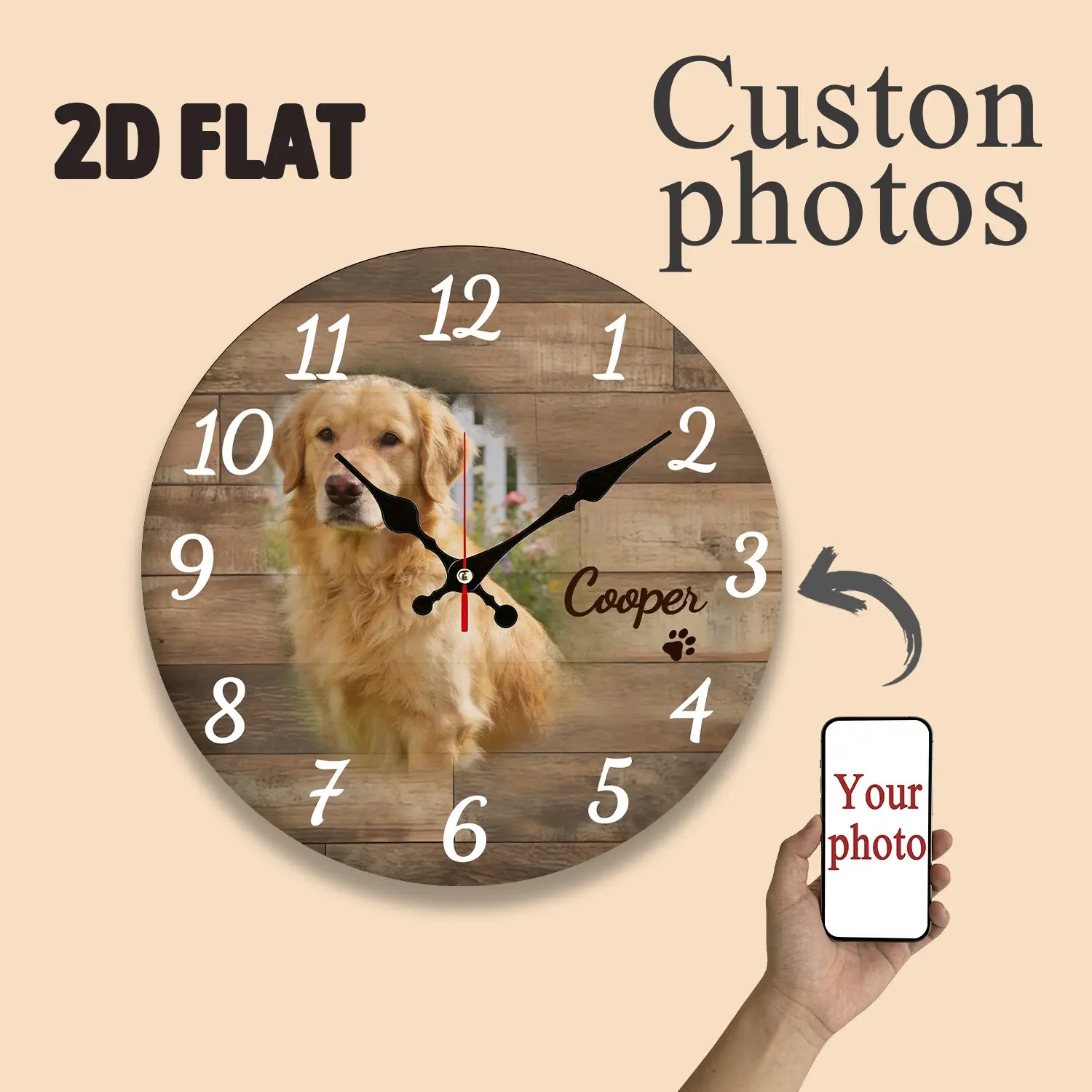 Personalized Pet Photo Clock - Custom Dog & Cat Portrait Wall Clock with Your Own Picture, - Suitable for Nursery, Wood Frame, - Unique Gift for Pet Lovers, Mother' Day Keepsake for Home Decor
