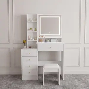 Dressing Table with Mirror and Lighting ,High-Capacity Storage & Matching Stool Set , 3 Adjustable Light Modes , Makeup Vanity Table Designed for the Bedroom Modern Dresser twin bed LED Remote-Controlled
