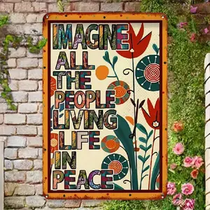 1pc Inspirational Peace Garden Metal Sign, Iron "Imagine All The People Living Life In Peace" Decorative Flag, Hippie Bohemian Style Outdoor Yard Art, Motivational Summer Lawn Ornament