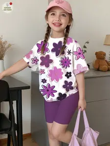 Sweet Romantic Floral Print Set, Summer Casual Girls', Cute Clothing Set, 2-Piece Girl T-Shirt and Tight Shorts, Comfortable Elastic Waist Pants, Fashion Clothes Set