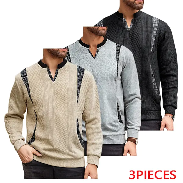 Men’s long-sleeve sweatshirt featuring a 3D diamond-patterned knit fabric with plaid panels, a Henley V-neck, ribbed hem, available in multiple colors, regular pullover design suitable for everyday outings, street casual wear, and autumn outfits.
