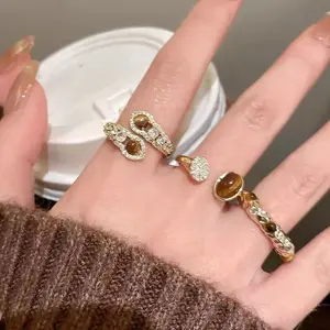 New Vintage Tiger Eye Stone Rings For Women Retro Brown Resin Geometric Open Adjustable Index Finger Ring Aesthetic Jewelry Gift