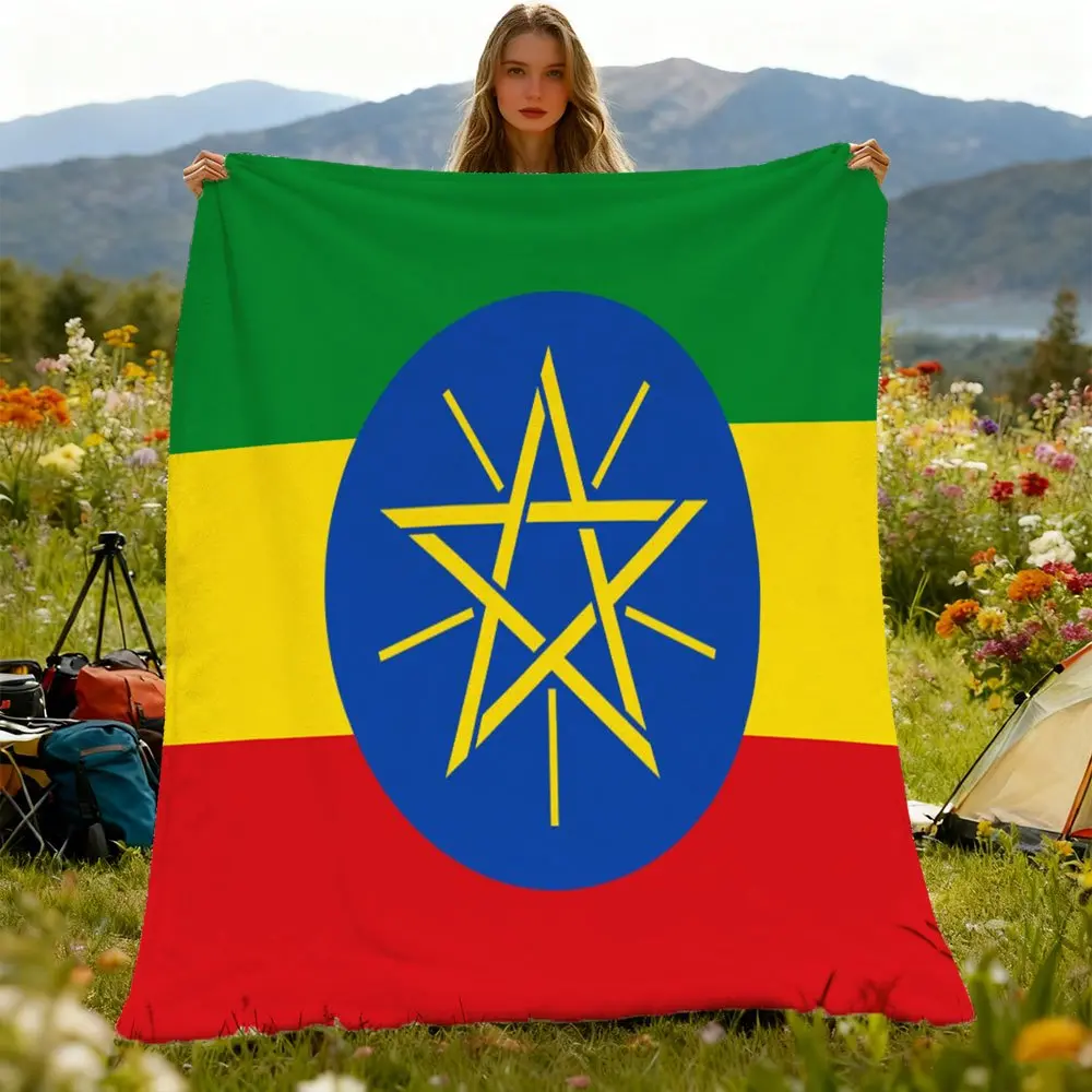 Ethiopian Flag Themed Colored Flannel Blanket - Wrinkle Resistant, Glam, Breathable, Durable, Machine Washable - Enhances At-Home Camping Spaces with Rich Visual Depth