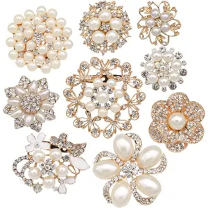 Big Pearl Wedding Bouquet Kit Set 9pcs Rhinestone Brooches Pins Bridal Jewelry Beaded Butterfly Adjustable Clips Puffy for Birthday Party Christmas Wedding Anniversary