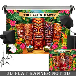 2D Flat Banner, 1pc Tropical Hawaiian-themed party backdrop, made of polyester, featuring palm tree and flamingo patterns, a great choice for birthdays and various parties.