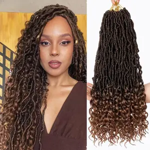 18 Inch New Faux Locs Crochet Hair With Curly Ends 84 Strands Ombre Brown Bohemian Goddess Locs Crochet Hair With Curls 7 Packs Synthetic Wavy Soft Locs Crochet Hair for women T30#