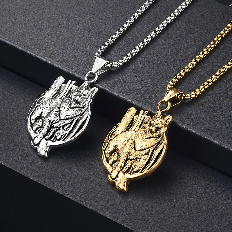 GTHIC Vintage Nordic Viking Wolf Head Stainless Steel Pendant Necklace, Unisex Statement Jewelry with Bold Design, Heritage Fashion Accessory for Daily Wear, Ideal Jewelry Gift